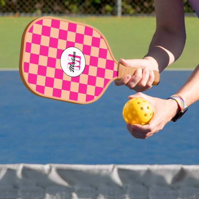 Chequered peach hot pink geometric retro Monogram Pickleball Paddle (Insitu)