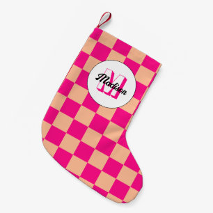 Chequered peach hot pink geometric retro Monogram Small Christmas Stocking