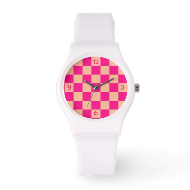Chequered peach hot pink geometric retro w numbers watch (Front)