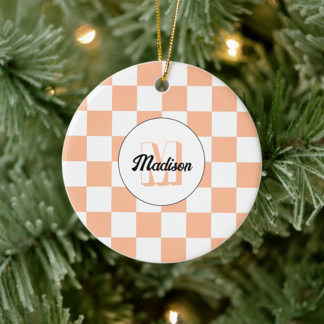 Chequered peach white geometric retro Monogram Ceramic Ornament (Tree)