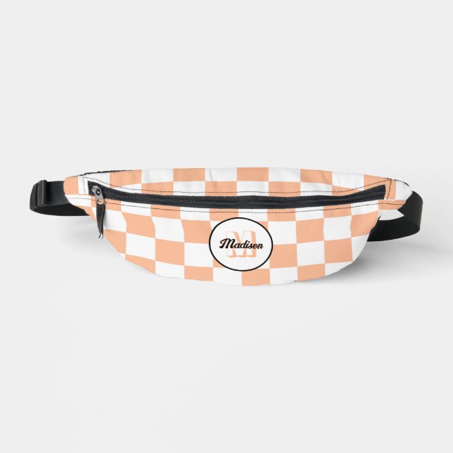 Chequered Peach white geometric retro Monogram Fanny Pack (Front)