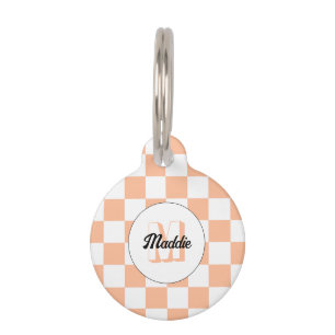 Chequered peach white geometric retro Monogram Pet Tag