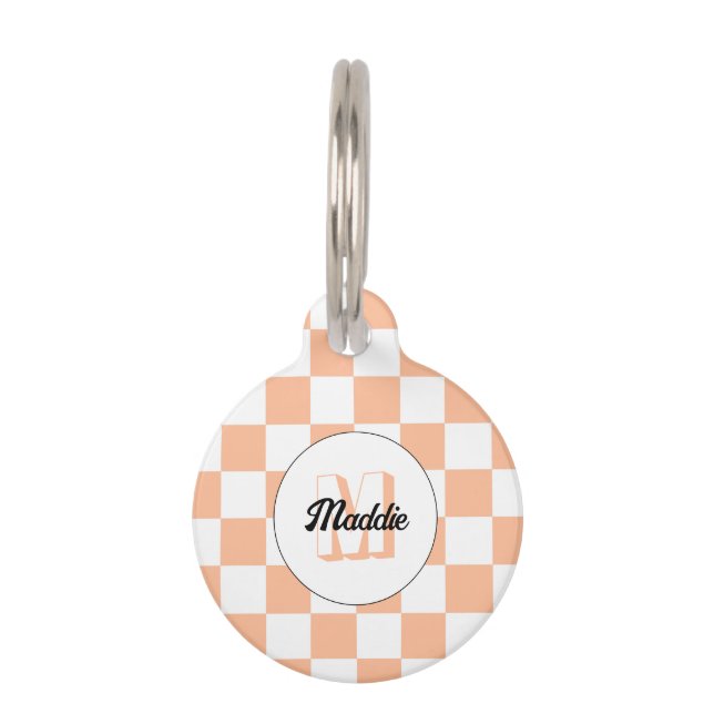 Chequered peach white geometric retro Monogram Pet Tag (Front)
