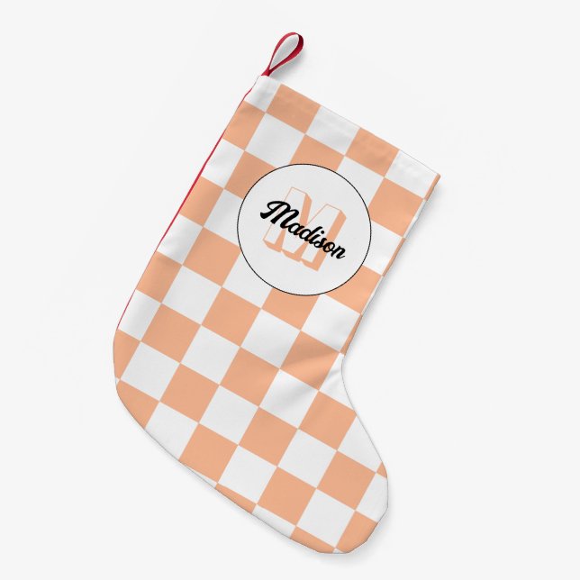 Chequered peach white geometric retro Monogram Small Christmas Stocking (Front (Hanging))
