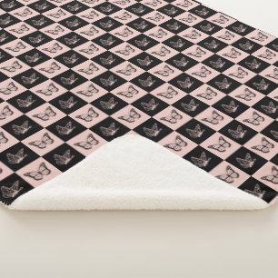 Chequered Pink and Black Butterfly Pattern Sherpa Blanket