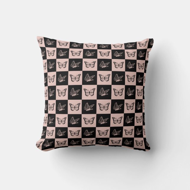 Chequered Pink and Black Butterfly Pattern Throw Pillow (Front)