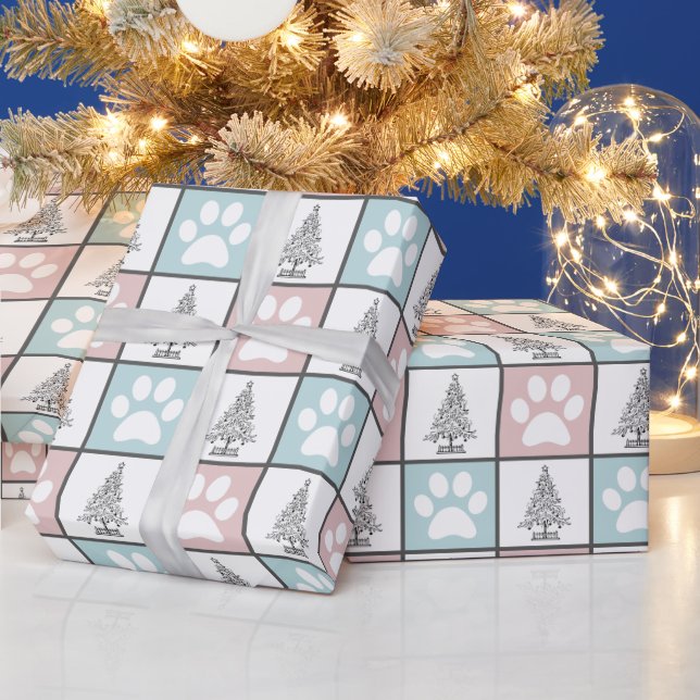 Chequered Pink and blue paw print Christmas Tree Wrapping Paper (Holidays)