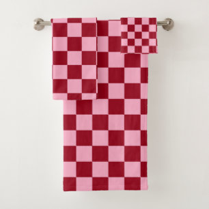 Chequered Pink and Burgundy Bath Towel Set