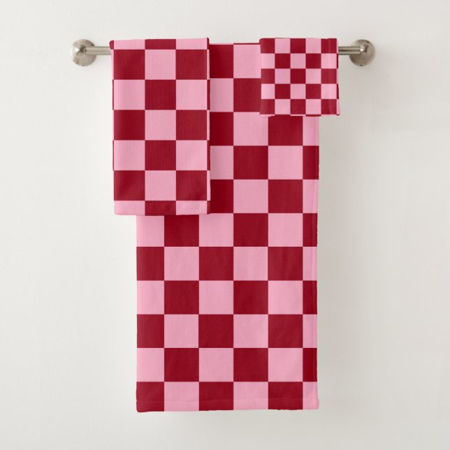 Chequered Pink and Burgundy Bath Towel Set (Insitu)