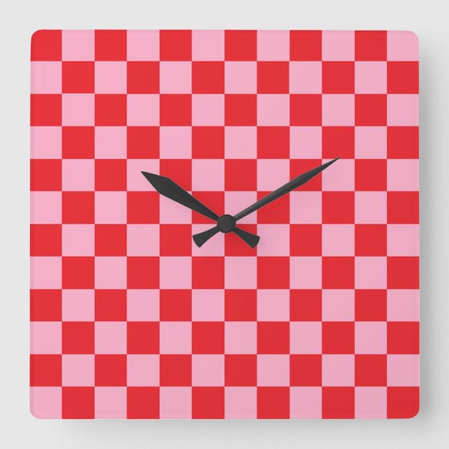 Chequered Pink and Red Square Wall Clock (Front)