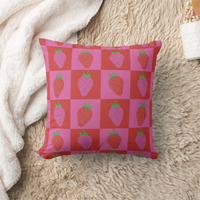Chequered Pink and Red Strawberries Pattern  Throw Pillow (Blanket)