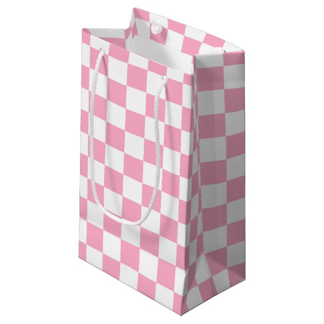 Chequered Pink and White Small Gift Bag (Front Angled)