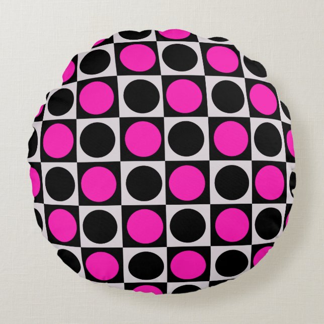 Chequered Pink Black Circle Pattern Design  Round Pillow (Front)
