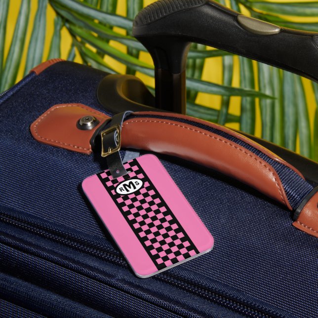 Chequered Pink Monogram Luggage Tag (Front Insitu 1)