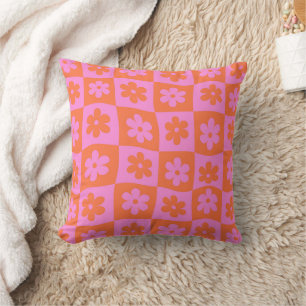 Chequered Pink Orange Retro Warped Flowers  Throw Pillow