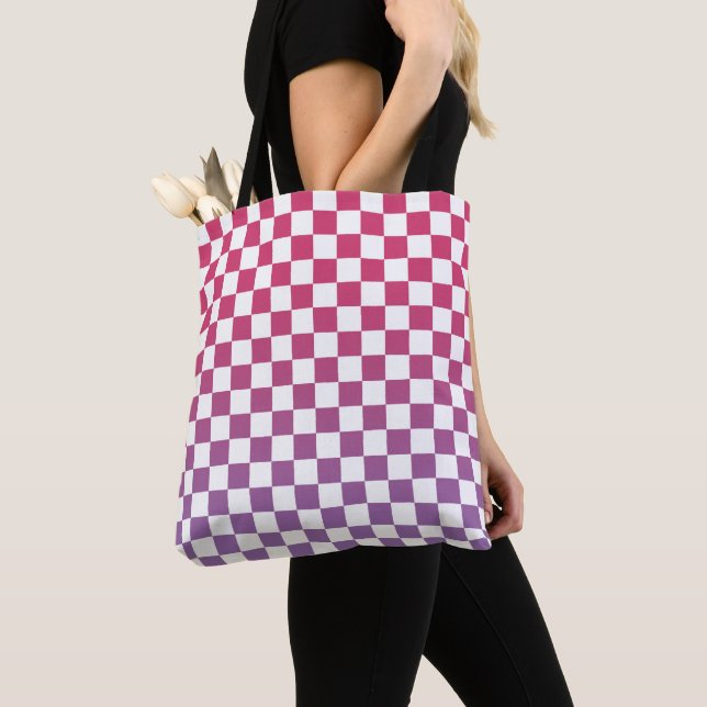 Chequered Pink to Purple and White Pattern Tote Bag (Close Up)