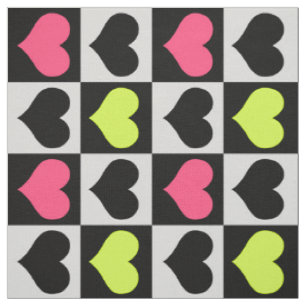 Chequered Pink Yellow Black Hearts Love Fabric