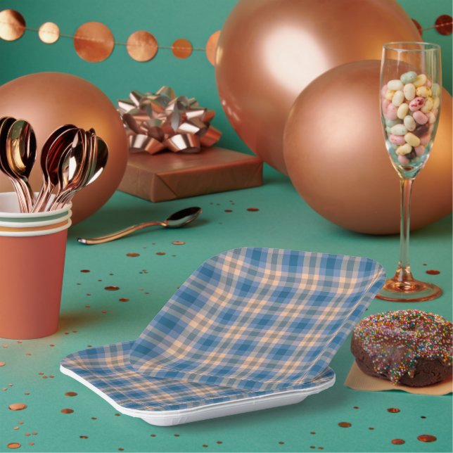 Chequered Plaid Beige Blue Grey And Peach Paper Plate (Multi)