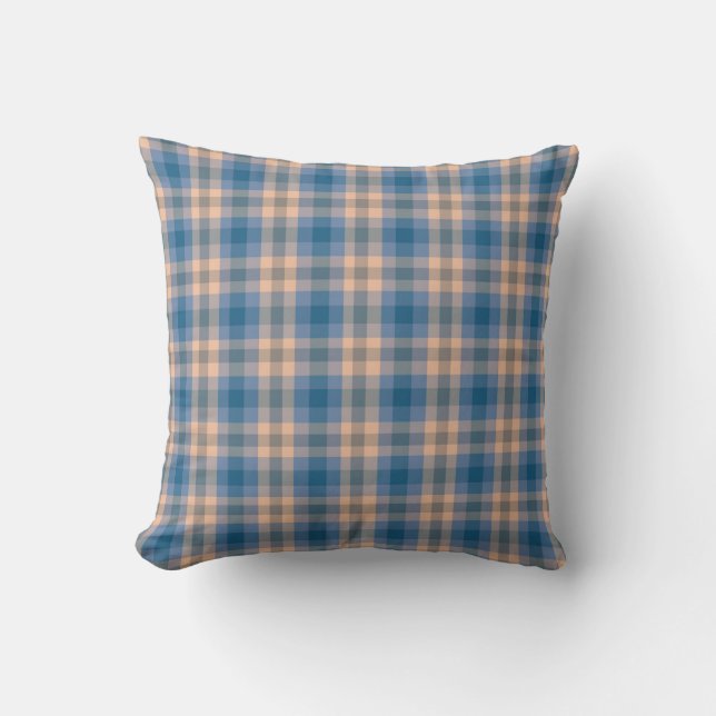 Chequered Plaid Beige Blue Grey And Peach Throw Pillow (Front)