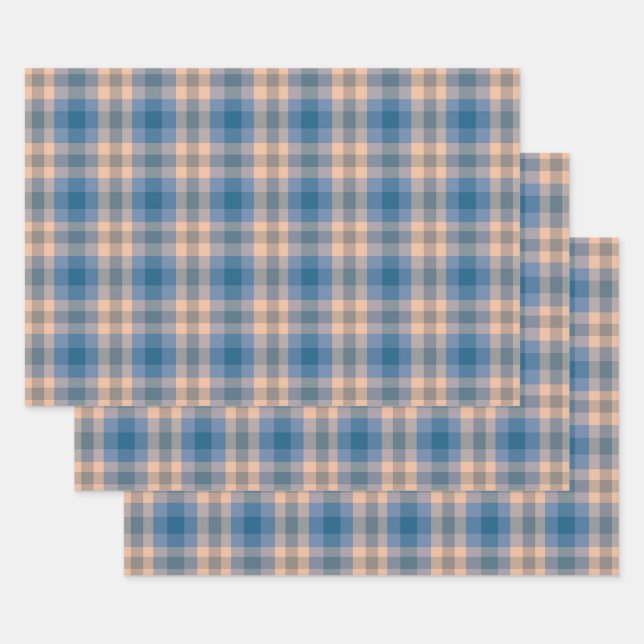 Chequered Plaid Beige Blue Grey And Peach Wrapping Paper Sheet (Set)