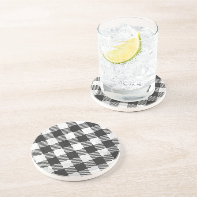 Chequered Plaid Black And White Coaster (Side)