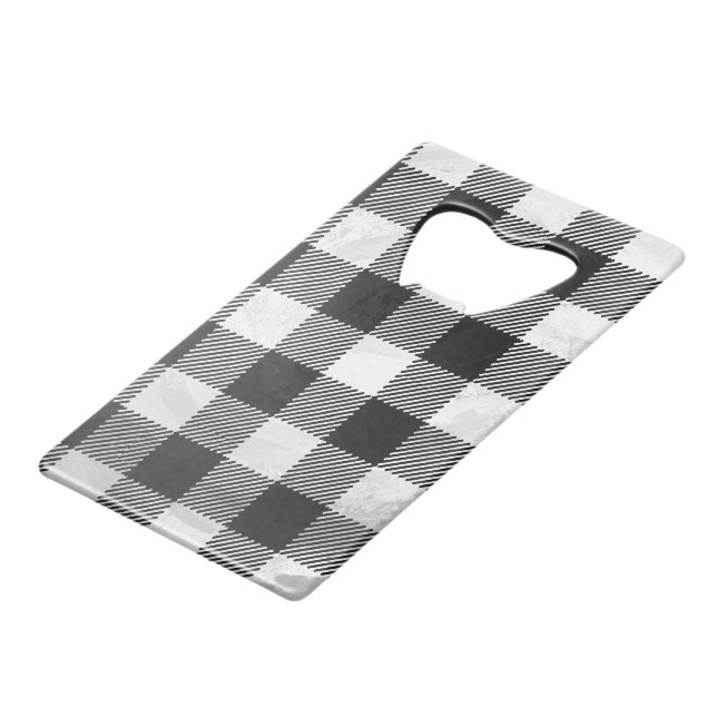 Chequered Plaid Black And White Credit Card Bottle Opener (Back Angled)