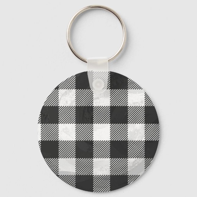 Chequered Plaid Black And White Keychain (Front)