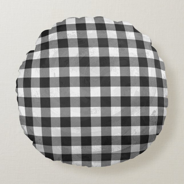 Chequered Plaid Black And White Round Pillow (Front)