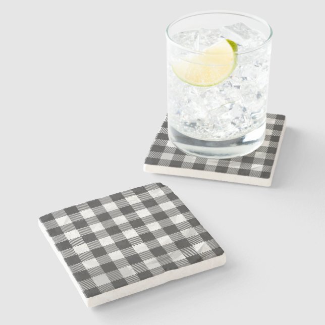 Chequered Plaid Black And White Stone Coaster (Side)