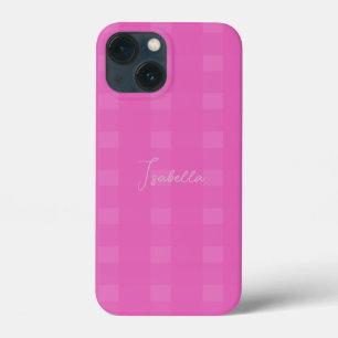 Chequered Plaid Pattern Add Name or Initials Pink iPhone 13 Mini Case