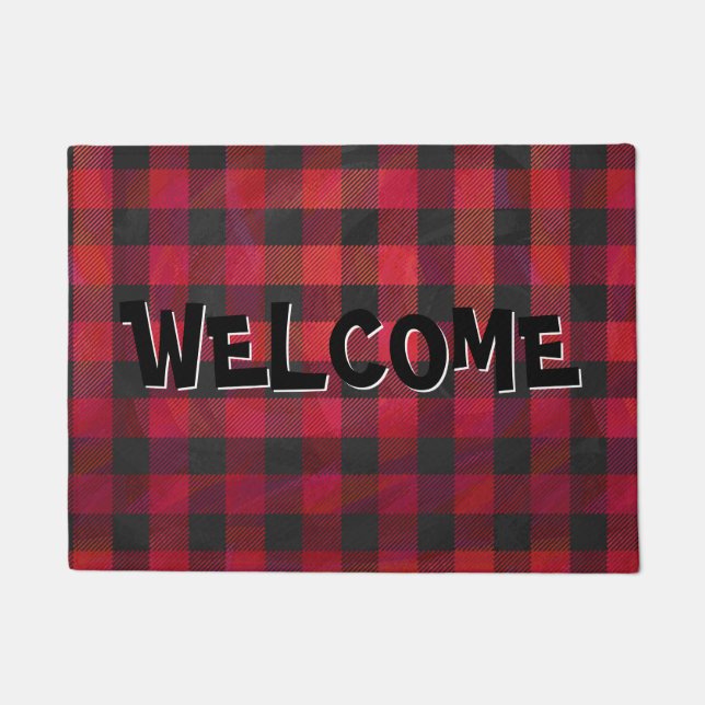 Chequered Plaid Red and Black Doormat (Front)