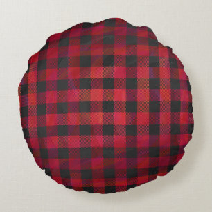 Chequered Plaid Red and Black Round Pillow