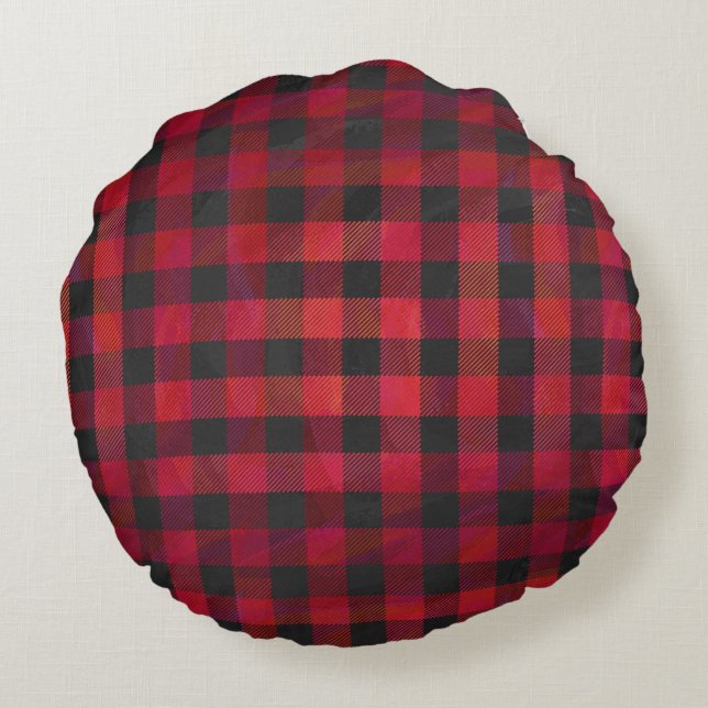 Chequered Plaid Red and Black Round Pillow (Back)