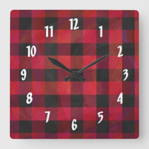 Chequered Plaid Red and Black Square Wall Clock
