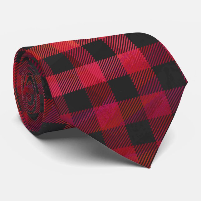 Chequered Plaid Red and Black Tie (Rolled)