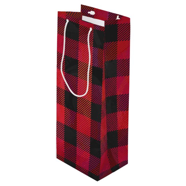Chequered Plaid Red and Black Wine Gift Bag (Front Angled)