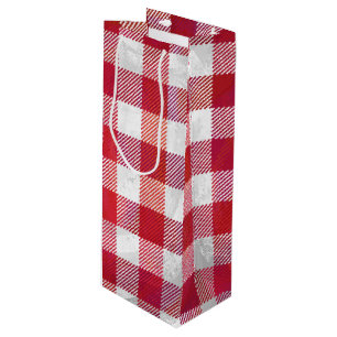 Chequered Plaid Red and White Wine Gift Bag