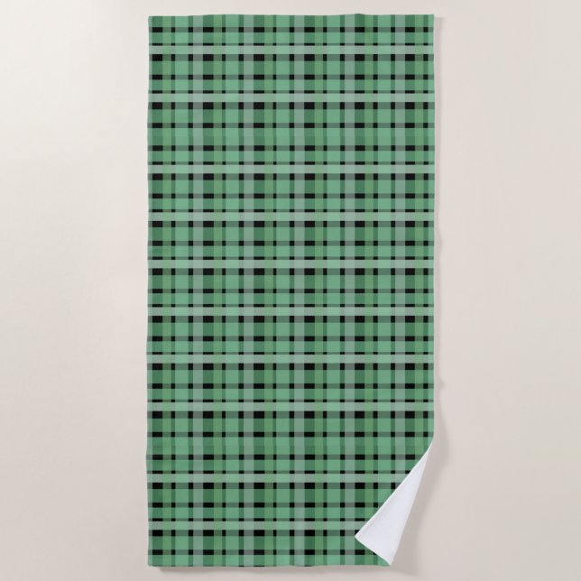 Chequered Plaid Tartan Green Stripes On Black  Beach Towel (Front)