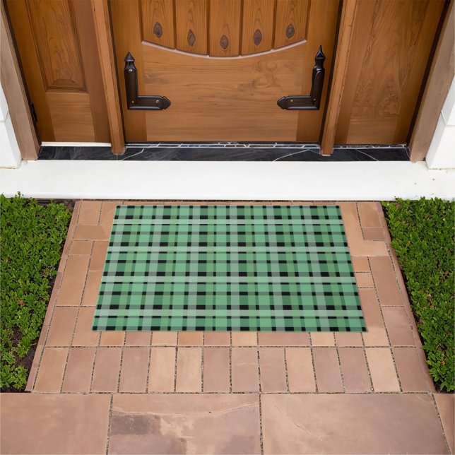 Chequered Plaid Tartan Green Stripes On Black  Doormat (Outdoor)