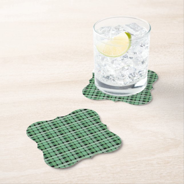 Chequered Plaid Tartan Green Stripes On Black  Paper Coaster (Insitu)