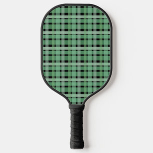 Chequered Plaid Tartan Green Stripes On Black Pickleball Paddle