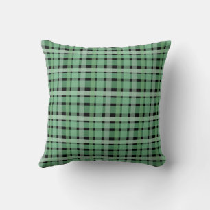 Chequered Plaid Tartan Green Stripes On Black Throw Pillow