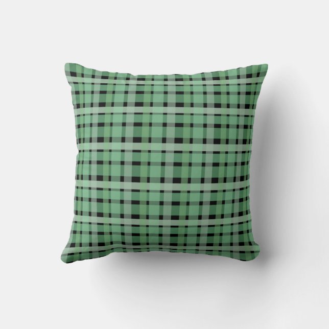 Chequered Plaid Tartan Green Stripes On Black  Throw Pillow (Back)
