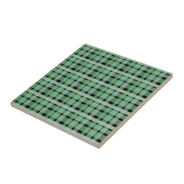 Chequered Plaid Tartan Green Stripes On Black  Tile (Side)