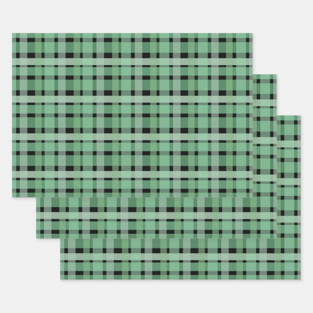 Chequered Plaid Tartan Green Stripes On Black  Wrapping Paper Sheet (Set)