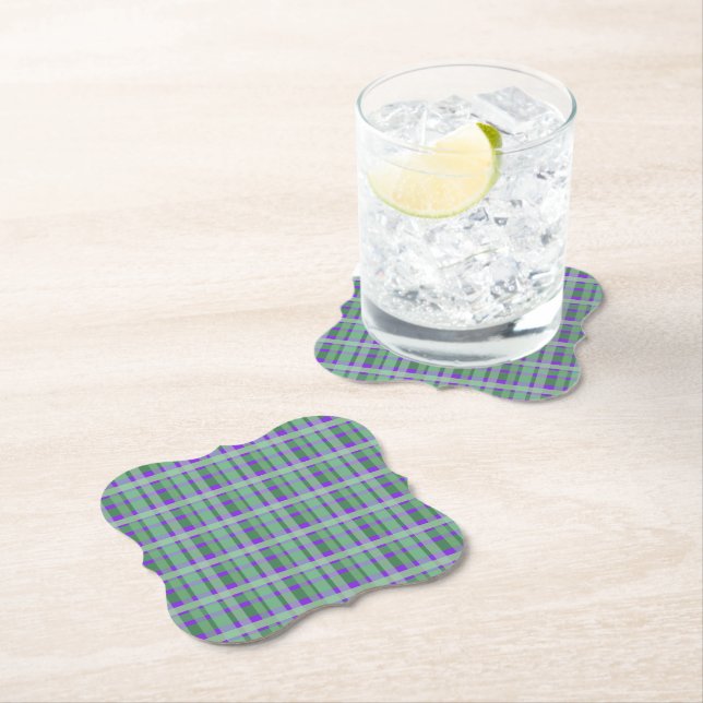 Chequered Plaid Tartan Green Stripes On Purple  Paper Coaster (Insitu)