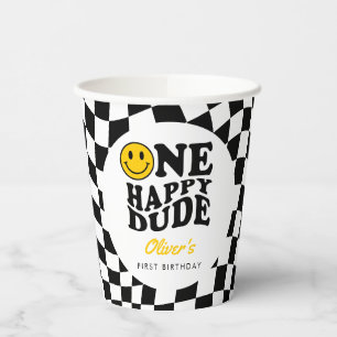 Chequered Preppy Smile One Happy Dude 1st Birthday Paper Cups