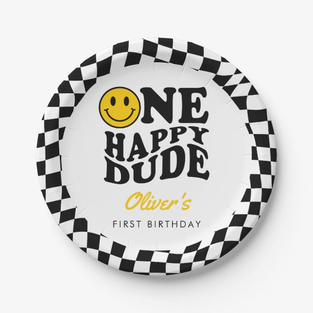 Chequered Preppy Smile One Happy Dude 1st Birthday Paper Plate (Front)