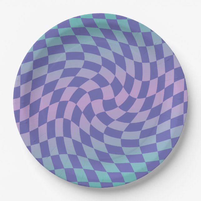 Chequered Purple Blue Gradient Ombre  Paper Plate (Front)