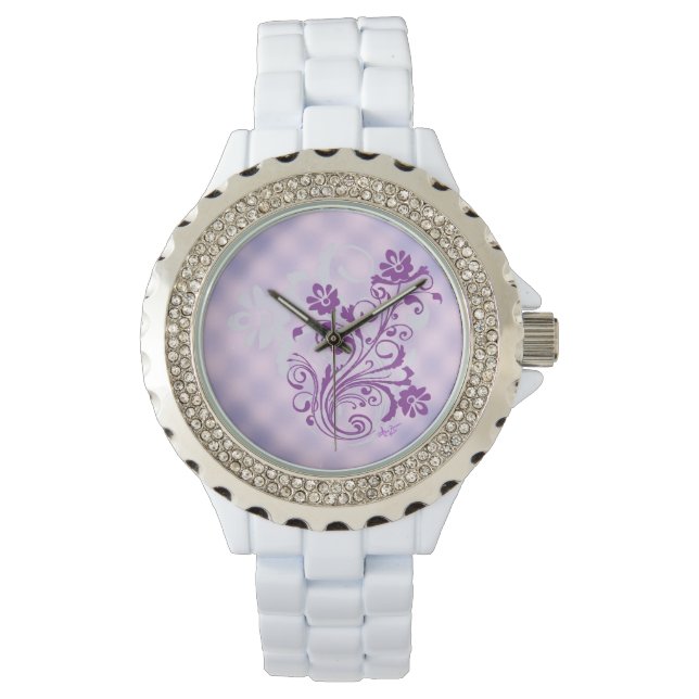 Chequered PurpleFloralSwirl White Rhinestone Watch (Front)